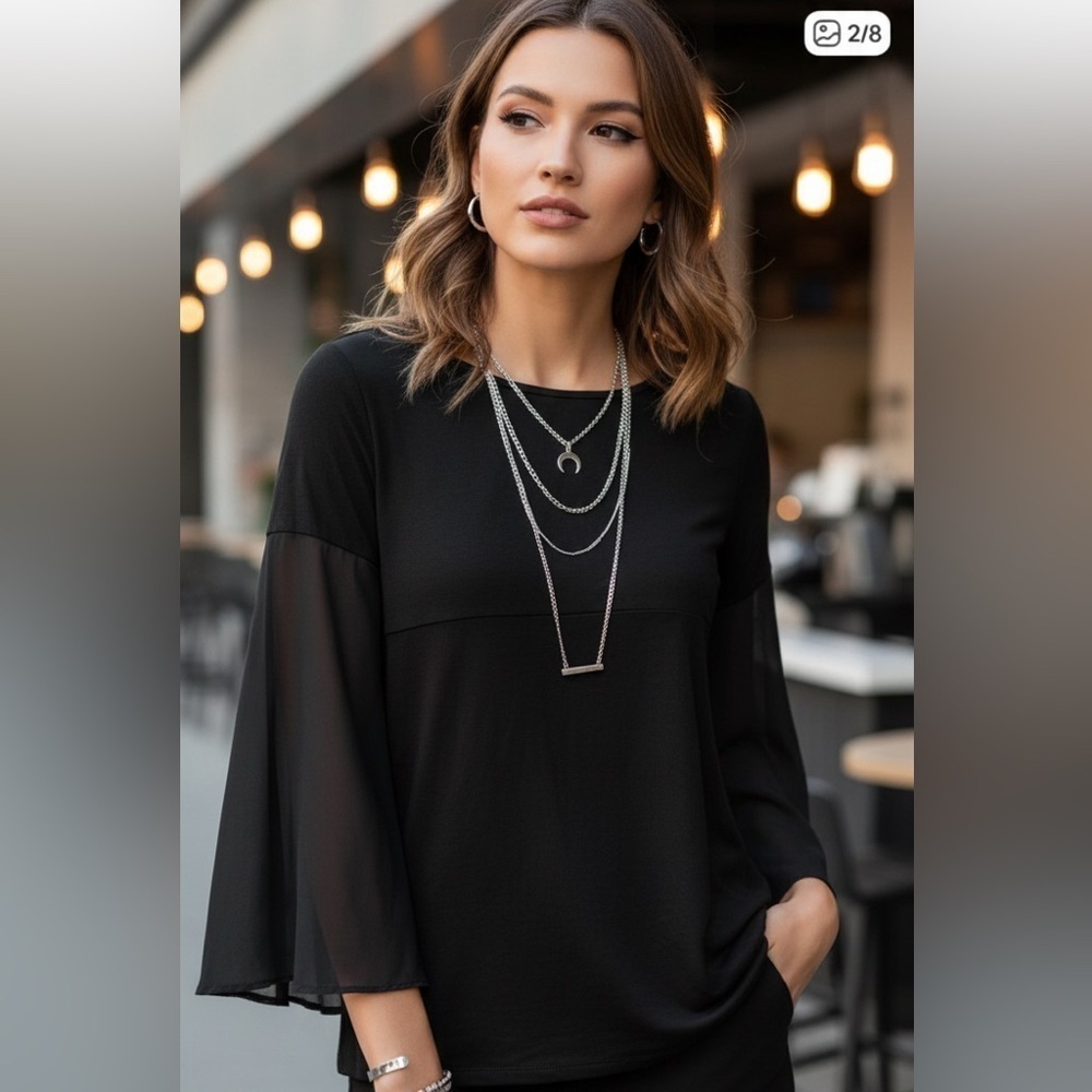 Black blouse with bell sheer sleeves Large